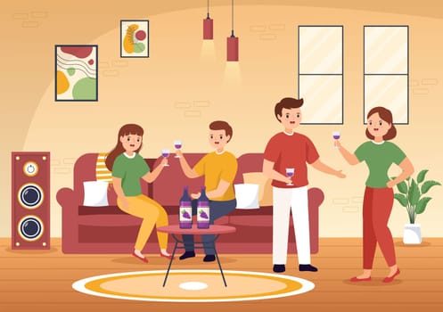 Wine Party Template Hand Drawn Cartoon Flat Illustration with People Dance, Holding a Bottle of Champagne and Drinking in Festive Event Concept