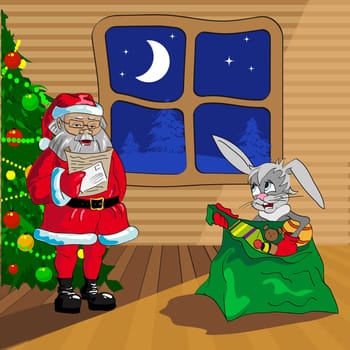Christmas rabbit with bag of gifts. Illustration in vector format EPS.