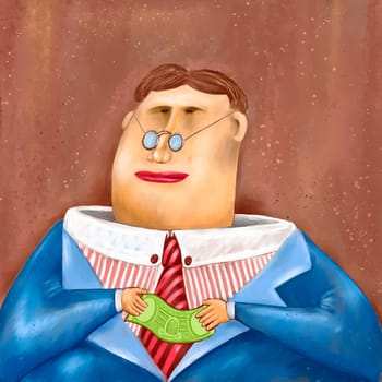 Editorial illustration of a business man with a currency paper in his hands    Digital illustration made by me (Athos Boncompagni) with a wacom tablet and Corel Painter X    Is included a clipping path of the main figure.    The man in the picture is only