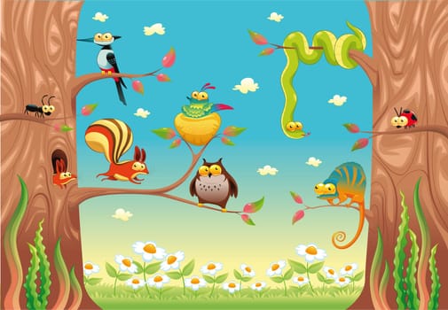 Funny animals on branches. Cartoon and vector scene, isolated objects.