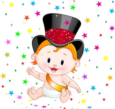 Cute baby in a top hat with party confetti