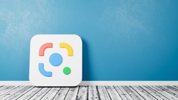 Google Lens Logo 3D Symbol Shape on Wooden Floor Against Blue Wall with Copy Space 3D Render Illustration