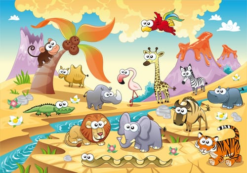 Savannah animal family with background. Funny cartoon and vector illustration, isolated objects.