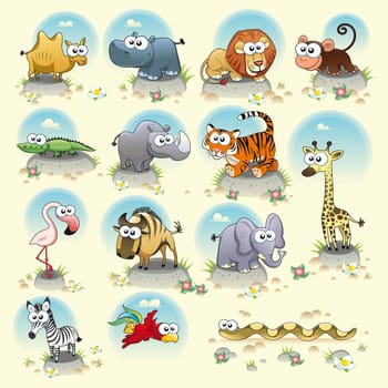 Savannah animals. Funny cartoon and vector characters. Isolated objects