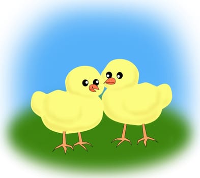 Two chickens that are close together and     appear to talk.