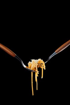 Cooked bigoli pasta twisted on fork with olive oil and parmesan