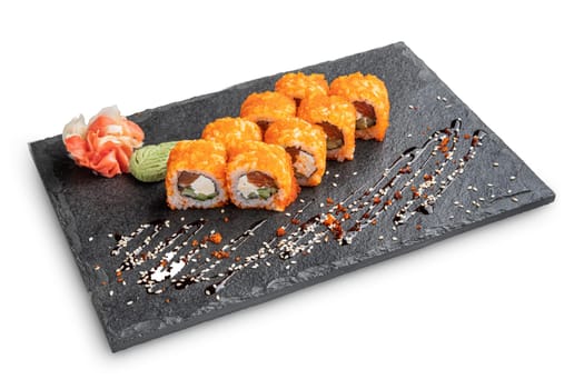 Set of rolls with wasabi and pickled ginger on stone serving board isolated on white