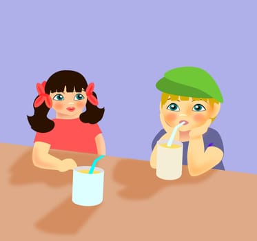 Two children sitting at a table with two     glasses with straws.