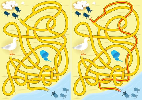 Turtle maze for kids with a solution