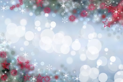 Chrisrmas card template. Abstract festive elegant red green blue white glittering greeting card with christmas stars, balls and lights. Beautiful backdrop with space.