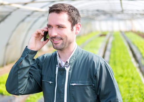 View of a Portrait of an attractive farmer in a greenhouse using mobile