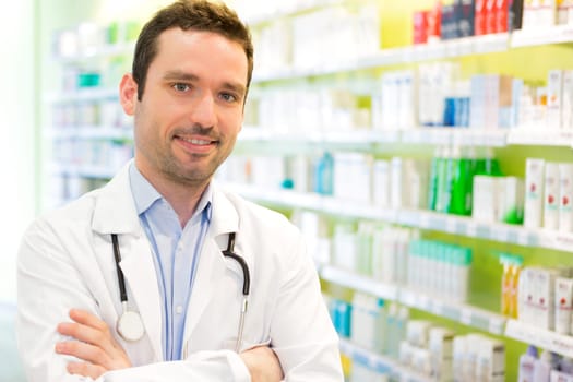 View of an attractive pharmacist at work