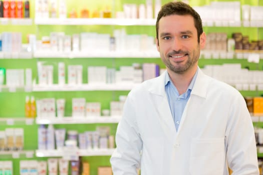 View of an attractive pharmacist at work