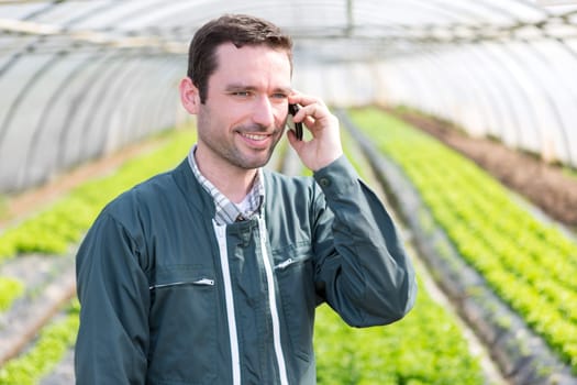 View of a Portrait of an attractive farmer in a greenhouse using mobile