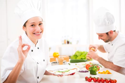 View of a Young attractive professional chef cooking in his kitchen