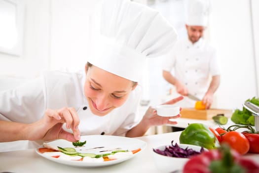 View of a Young attractive professional chef cooking in his kitchen