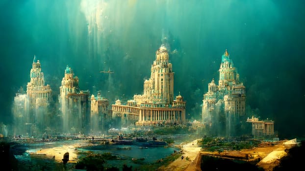 Illustration of Atlantis, ancient civilization, history and mythology, legend city sunken under the water