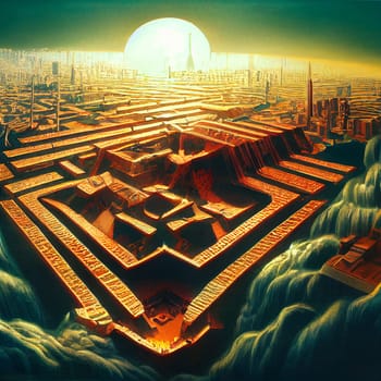 Ancient city of Babylon with the tower of Babel, bible and religion, new testament, speech in different languages,Illustration