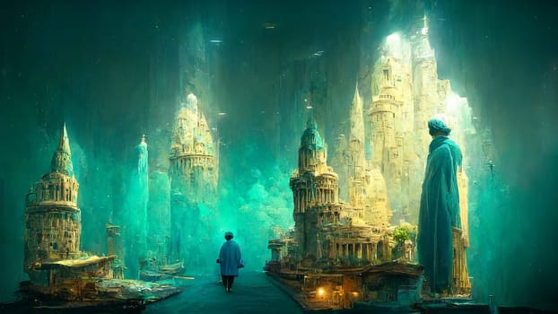 Illustration of Atlantis, ancient civilization, history and mythology, legend city sunken under the water