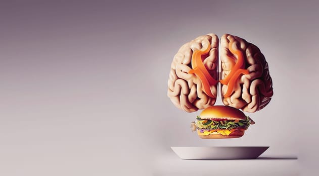 Illustration of a brain made from fast food, like a hamburger, unhealthy eating and lifestyle, risk for obesity and diabetes