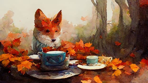 Illustration of a fox sitting in the forest and drinking a cup of hot tea, autumn season with colorful foliage