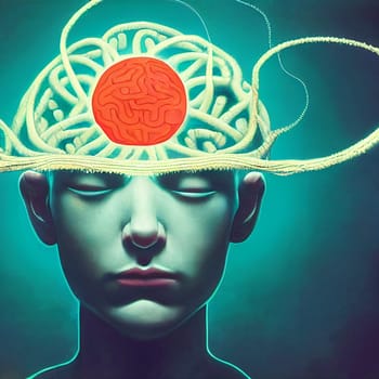 Mind control, brain with strings, manipulation and dictator concept, mass hypnosis by media, illustration