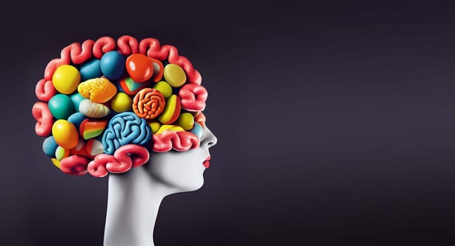 Illustration of a brain made from sweet colorful candys, unhealthy food and lifestyle, risk for obesity and diabetes