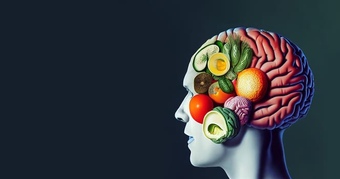 Illustration of a brain made from vegetables and fruit, healthy food and lifestyle, vegan nourishment