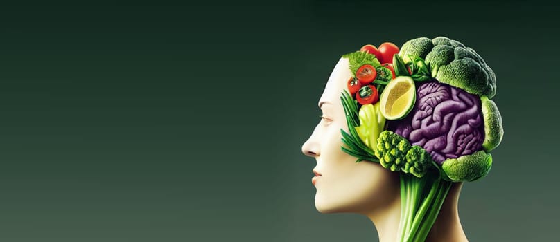 Illustration of a brain made from vegetables like broccoli, avocado and leek, healthy food and lifestyle, vegan nourishment