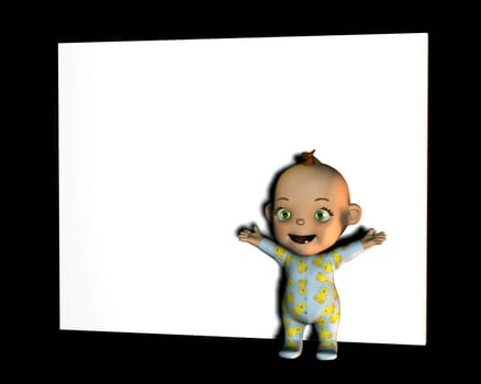 A baby in front of a white blank sign.