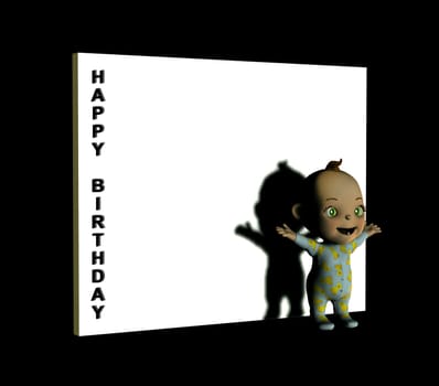 A baby in front of a white sign with the words happy birthday on them.