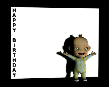 A baby in front of a white sign with the words happy birthday on them.