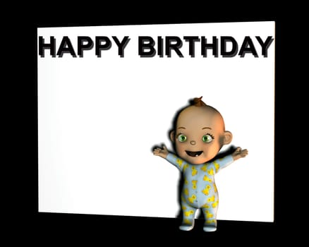 A baby in front of a white sign with the words happy birthday on them.