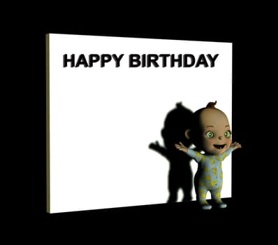 A baby in front of a white sign with the words happy birthday on them.