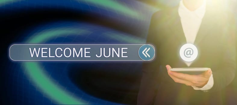 Text sign showing Welcome June, Business overview Calendar Sixth Month Second Quarter Thirty days Greetings