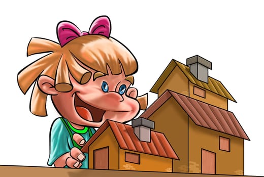 the happy girl with her toy house