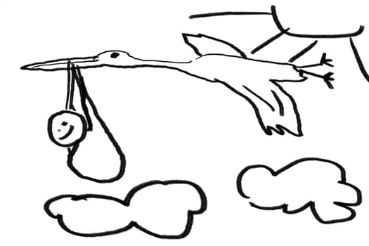 A childlike line drawing of a newborn baby and stork
