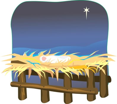 Illustration of a baby in cattle shed and a star on background