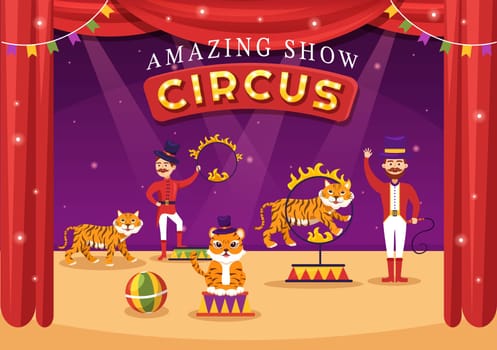 Circus Template Hand Drawn Cartoon Flat Illustration with Show of Gymnast, Magician, Animal Lion, Host, Entertainer, Clowns and Amusement Park