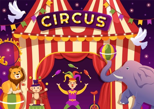 Circus Template Hand Drawn Cartoon Flat Illustration with Show of Gymnast, Magician, Animal Lion, Host, Entertainer, Clowns and Amusement Park
