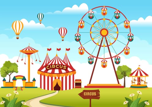 Circus Template Hand Drawn Cartoon Flat Illustration with Show of Gymnast, Magician, Animal Lion, Host, Entertainer, Clowns and Amusement Park