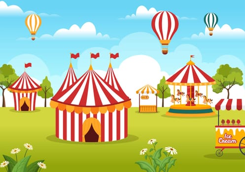 Circus Template Hand Drawn Cartoon Flat Illustration with Show of Gymnast, Magician, Animal Lion, Host, Entertainer, Clowns and Amusement Park