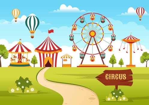 Circus Template Hand Drawn Cartoon Flat Illustration with Show of Gymnast, Magician, Animal Lion, Host, Entertainer, Clowns and Amusement Park