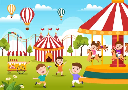 Circus Template Hand Drawn Cartoon Flat Illustration with Show of Gymnast, Magician, Animal Lion, Host, Entertainer, Clowns and Amusement Park