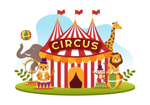 Circus Template Hand Drawn Cartoon Flat Illustration with Show of Gymnast, Magician, Animal Lion, Host, Entertainer, Clowns and Amusement Park