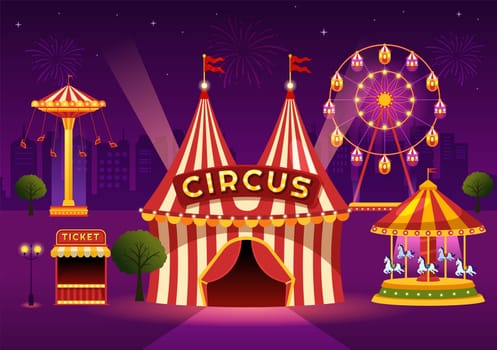 Circus Template Hand Drawn Cartoon Flat Illustration with Show of Gymnast, Magician, Animal Lion, Host, Entertainer, Clowns and Amusement Park