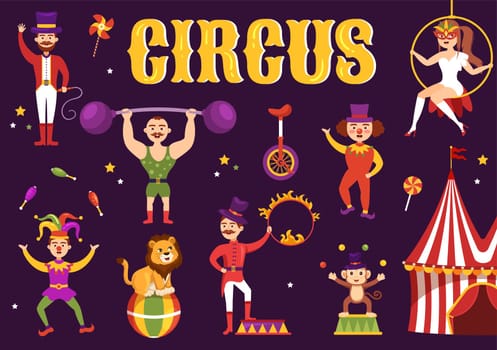 Circus Template Hand Drawn Cartoon Flat Illustration with Show of Gymnast, Magician, Animal Lion, Host, Entertainer, Clowns and Amusement Park