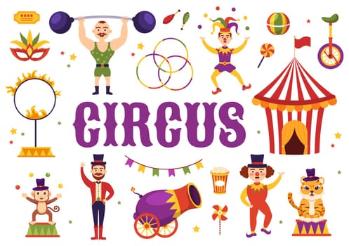 Circus Template Hand Drawn Cartoon Flat Illustration with Show of Gymnast, Magician, Animal Lion, Host, Entertainer, Clowns and Amusement Park