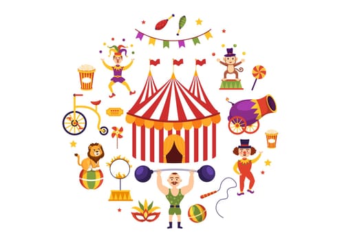 Circus Template Hand Drawn Cartoon Flat Illustration with Show of Gymnast, Magician, Animal Lion, Host, Entertainer, Clowns and Amusement Park