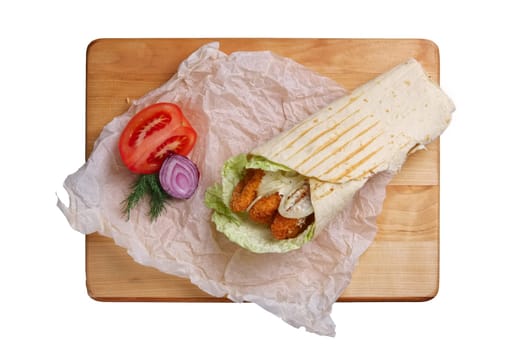Vegan burrito with deep fried onion and tomato